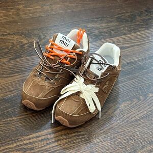 Miu Miu Brown Sneakers with Vibrant Orange and Cream Laces